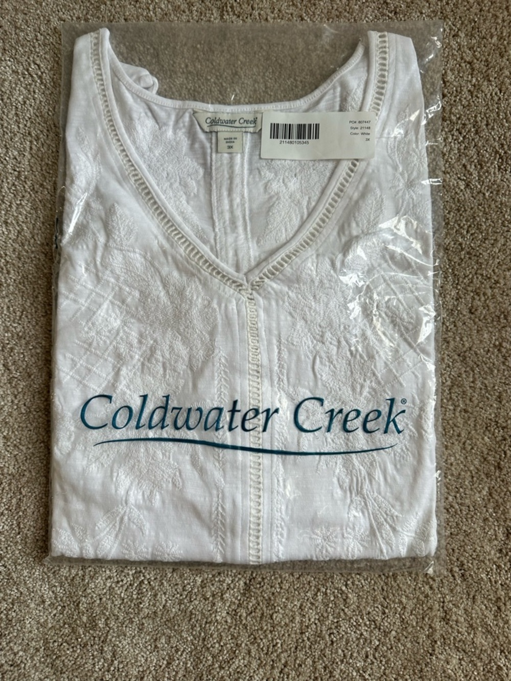 Coldwater Creek White Embroidered V-Neck Blouse